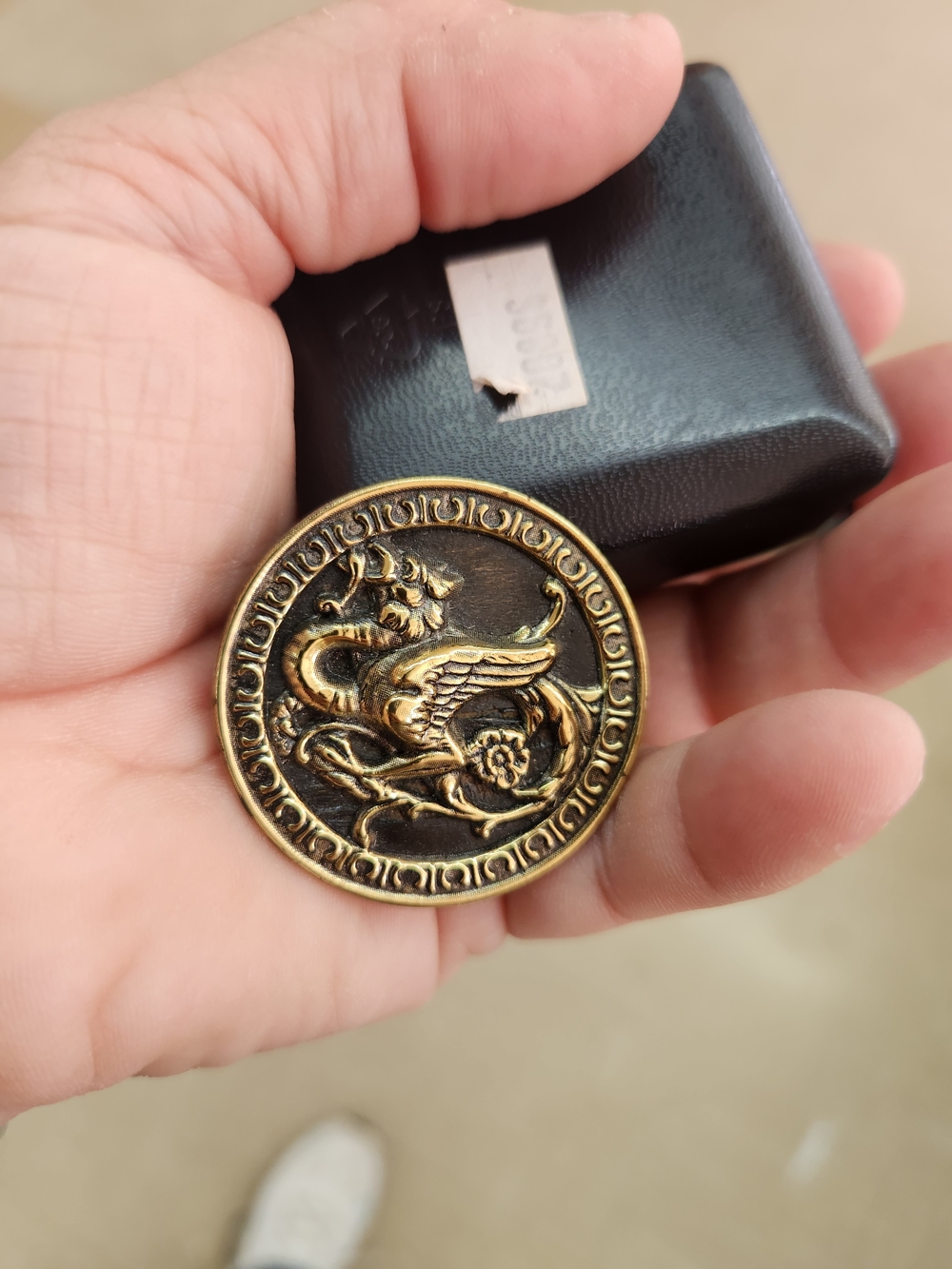 Antique-Style Brass Griffin Medallion Lapel Pin - Brown/Gold